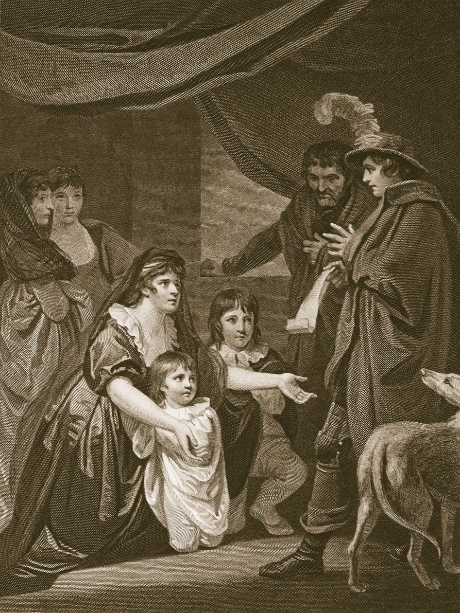 Lady Elizabeth Gray bønfalder Edward IV om at beskytte sine børn, indgraveret af W. Bromley, illustration fra David Humes 
