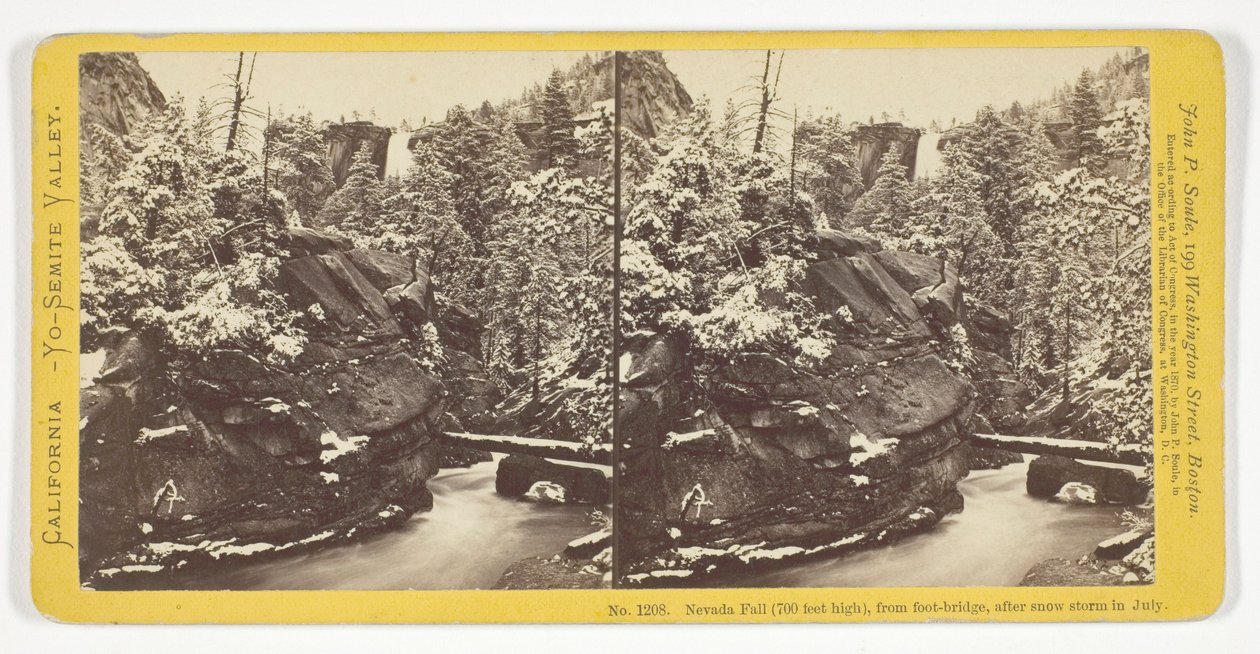Nevada Fall (700 fot högt), sett från gångbron efter en snöstorm i juli, nr 1208 ur serien ”Kalifornien – Yosemite Valley” av John P. Soule