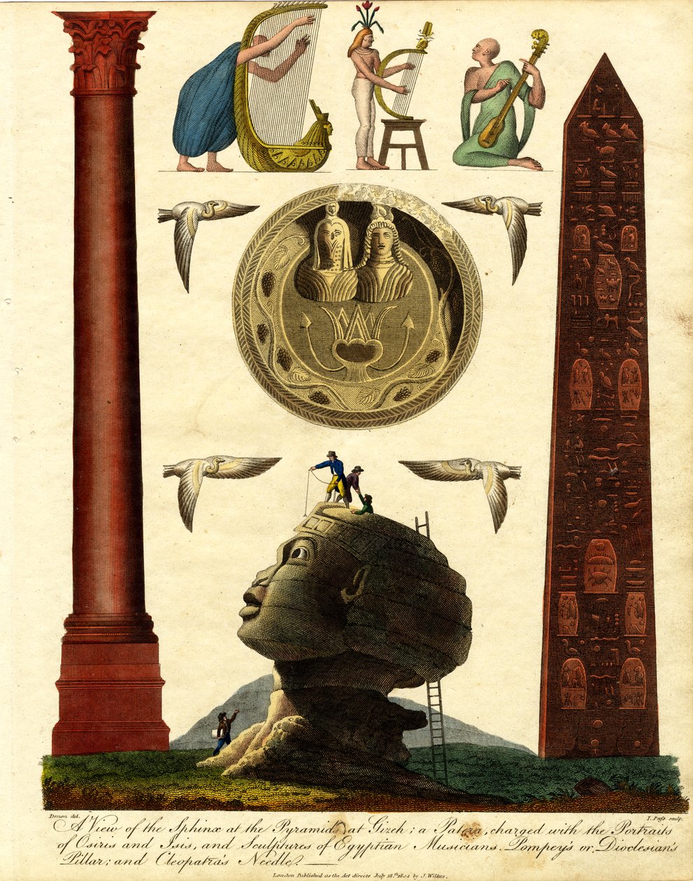 En vy över sfinxen vid pyramiderna i Gizeh: en patera laddad med porträtten av Osiris och Isis och skulpturer av egyptiska musiker, Pompejus eller Dioclesians pelare och Kleopatras nål av John Pass