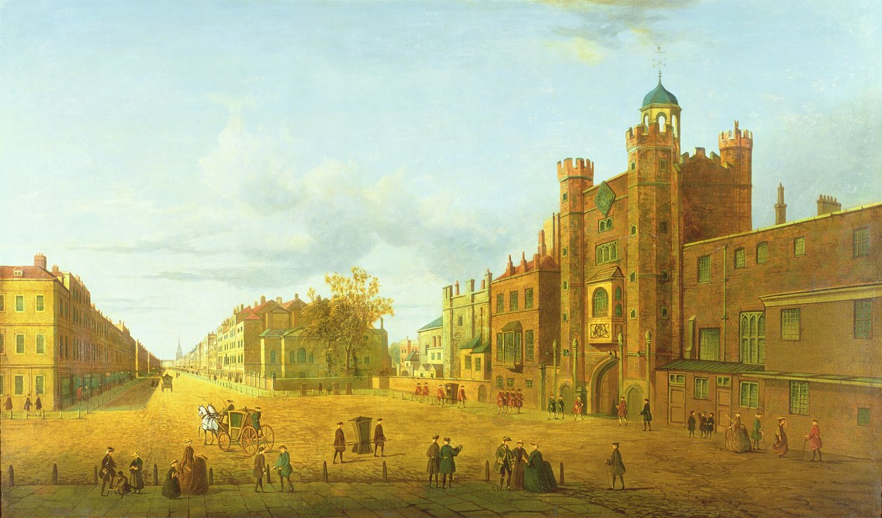 Utsikt över St. James" Palace, Looking Beyond Down Pall Mall, tidigt 1800-tal av John Paul