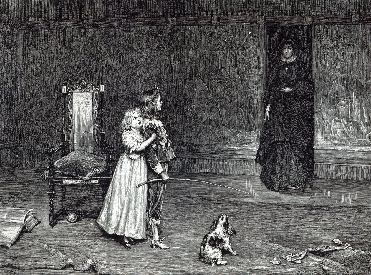 Grevinnan av Derbys utseende i det gyllene rummet, scen från Scotts "Peveril of the Peak", från "Leisure Hour", 1888 av John Pettie