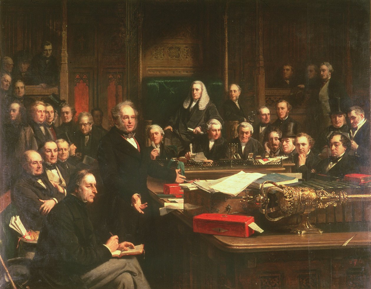 Lord Palmerston talar till underhuset under debatterna om Frankrikes fördrag i februari 1860, 1863 (se även 107820-21) av John Phillip