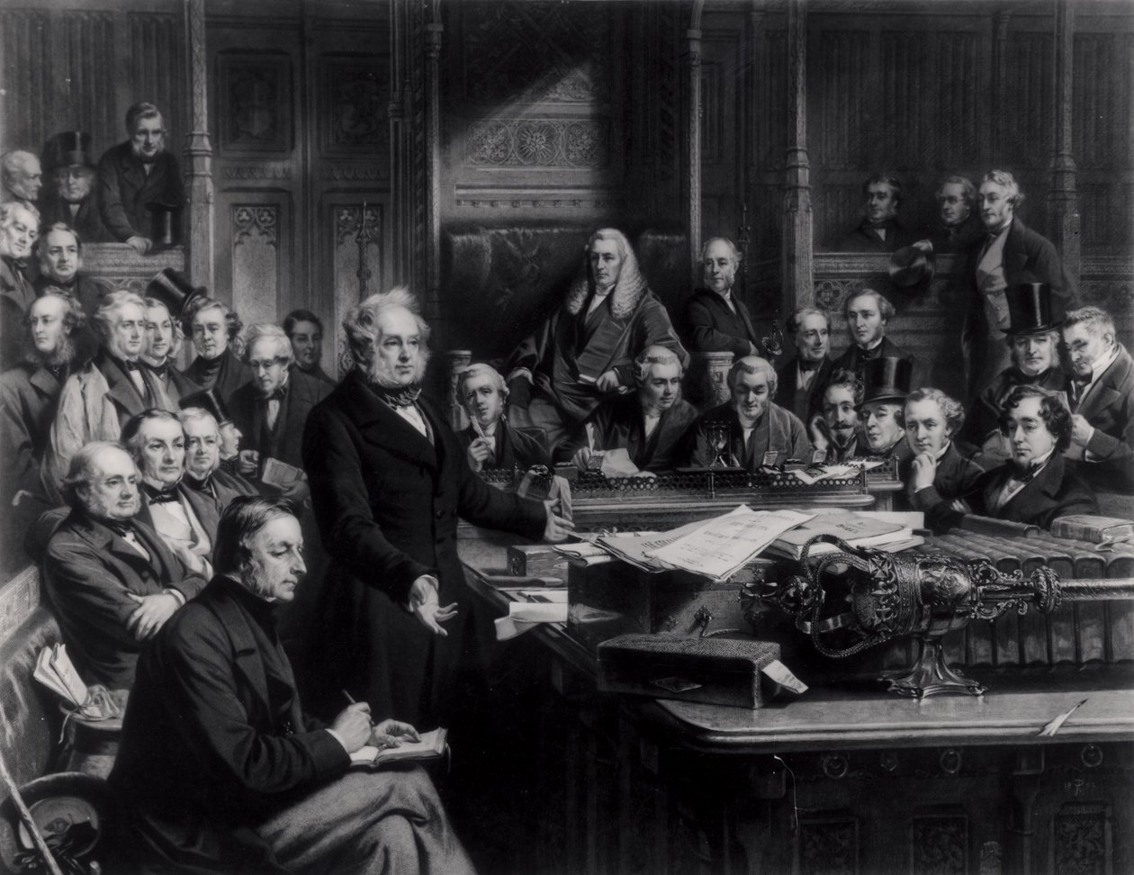 Underhuset 1860: Lord Palmerston talar till huset under debatten om fördraget med Frankrike, graverad av Falkner, 1863 (se även 42219 och 107821) av John Phillip