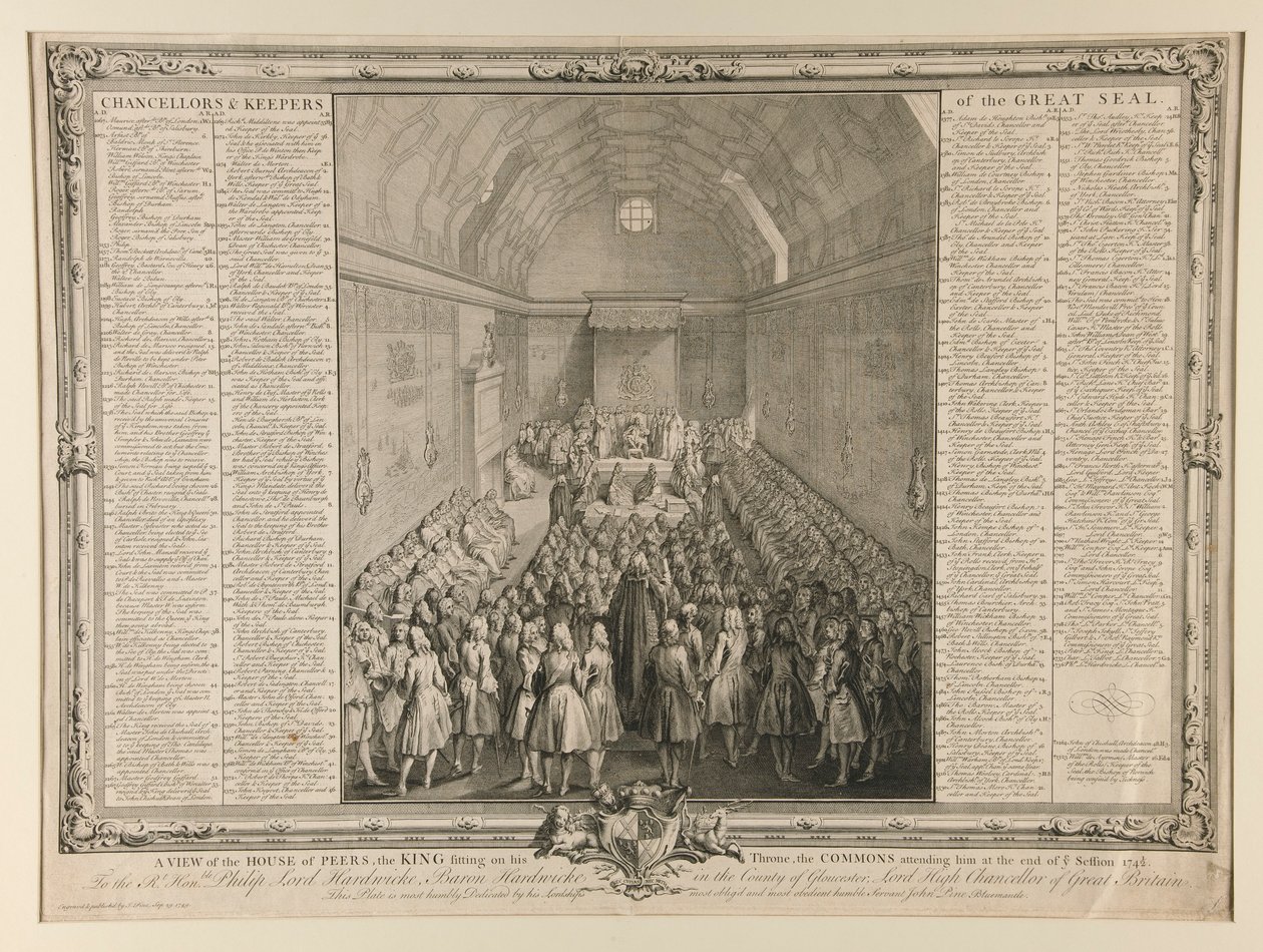 En vy av kamrathuset, kungen som sitter på sin tron, allmänningen deltar i honom i slutet av sessionen 1741/2 av John Pine