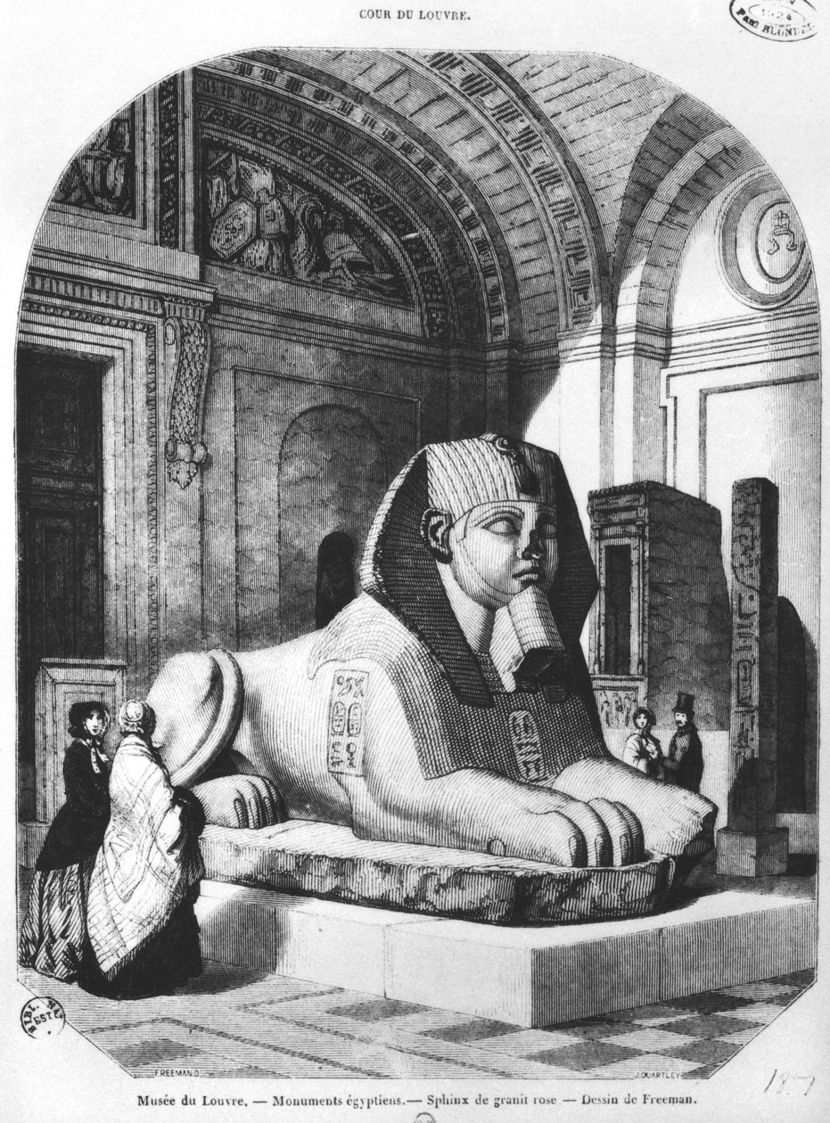 Den rosa granitsfinxen i de egyptiska rummen i Louvren, illustration från 
