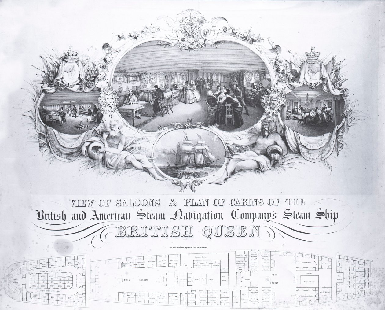 Utsikt över salonger och plan över hytter på ångfartyget den brittiska drottningen, c.1839 (litho) av John R. Isaac