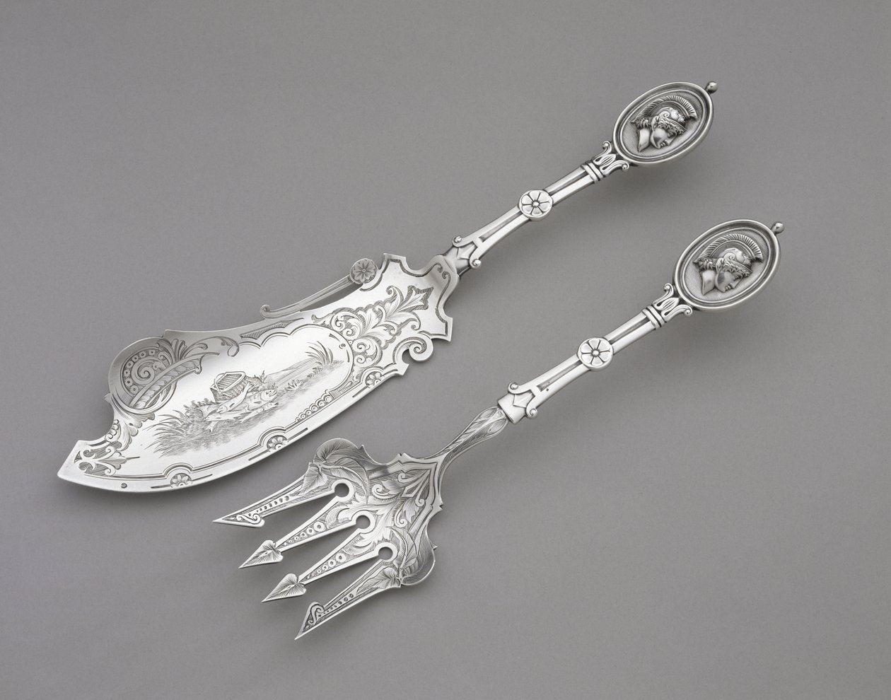 Fiskgaffel och kniv, ca. 1862-1870 (silver) av John R. Wendt