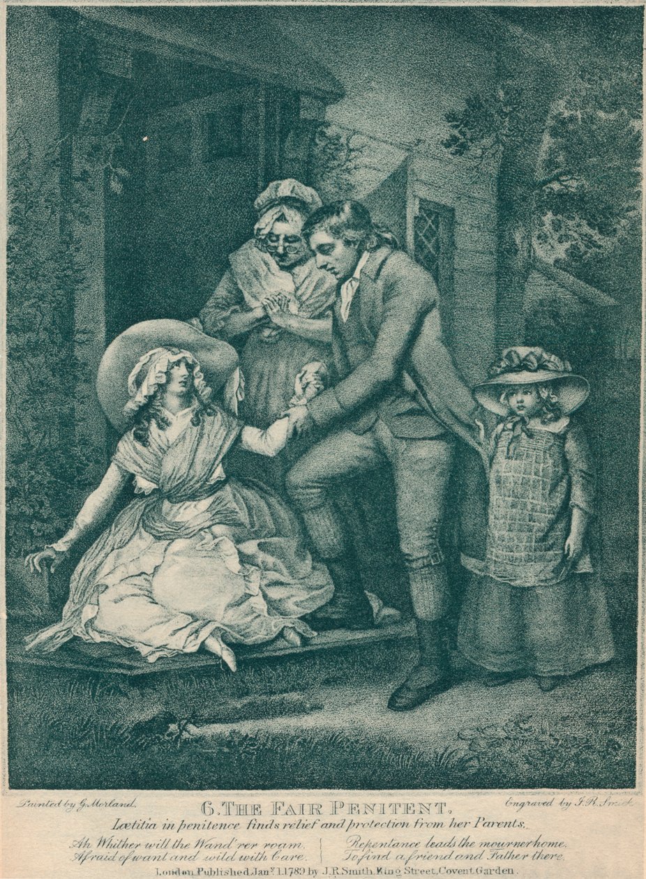 The Fair Penitent: Laetitia in Penitence finner lindring och skydd från sina föräldrar, 1789 av John Raphael Smith