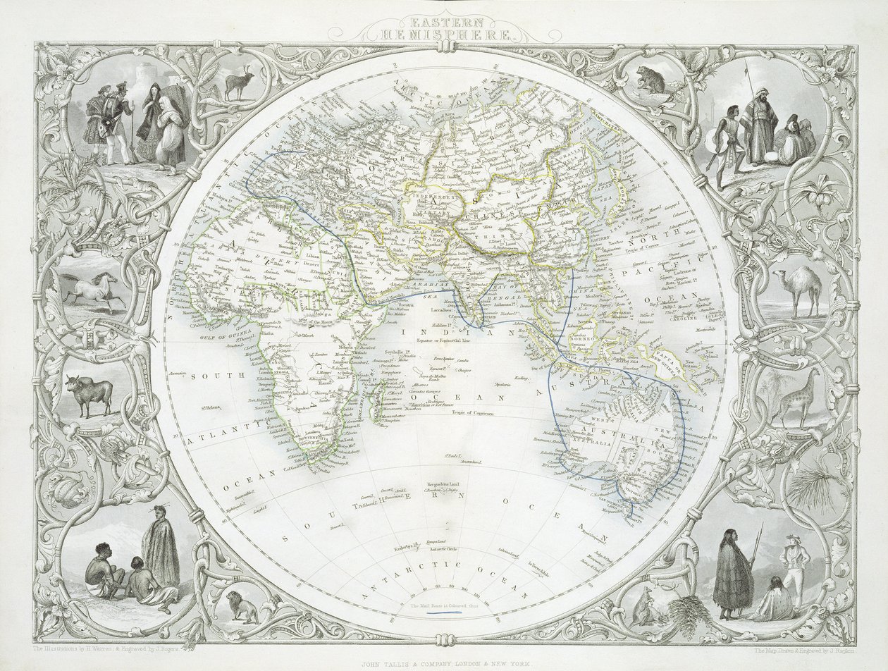 Östra halvklotet, från en serie världskartor publicerade av John Tallis und Co., New York och London, 1850-talet av John Rapkin