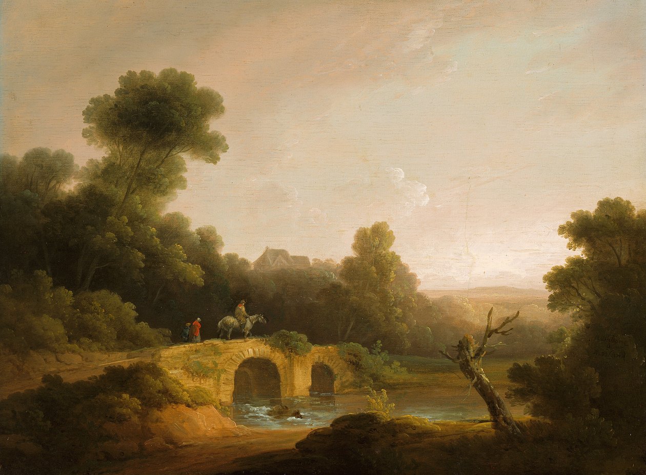 Landskap med figurer som korsar en bro, 17901800 av John Rathbone
