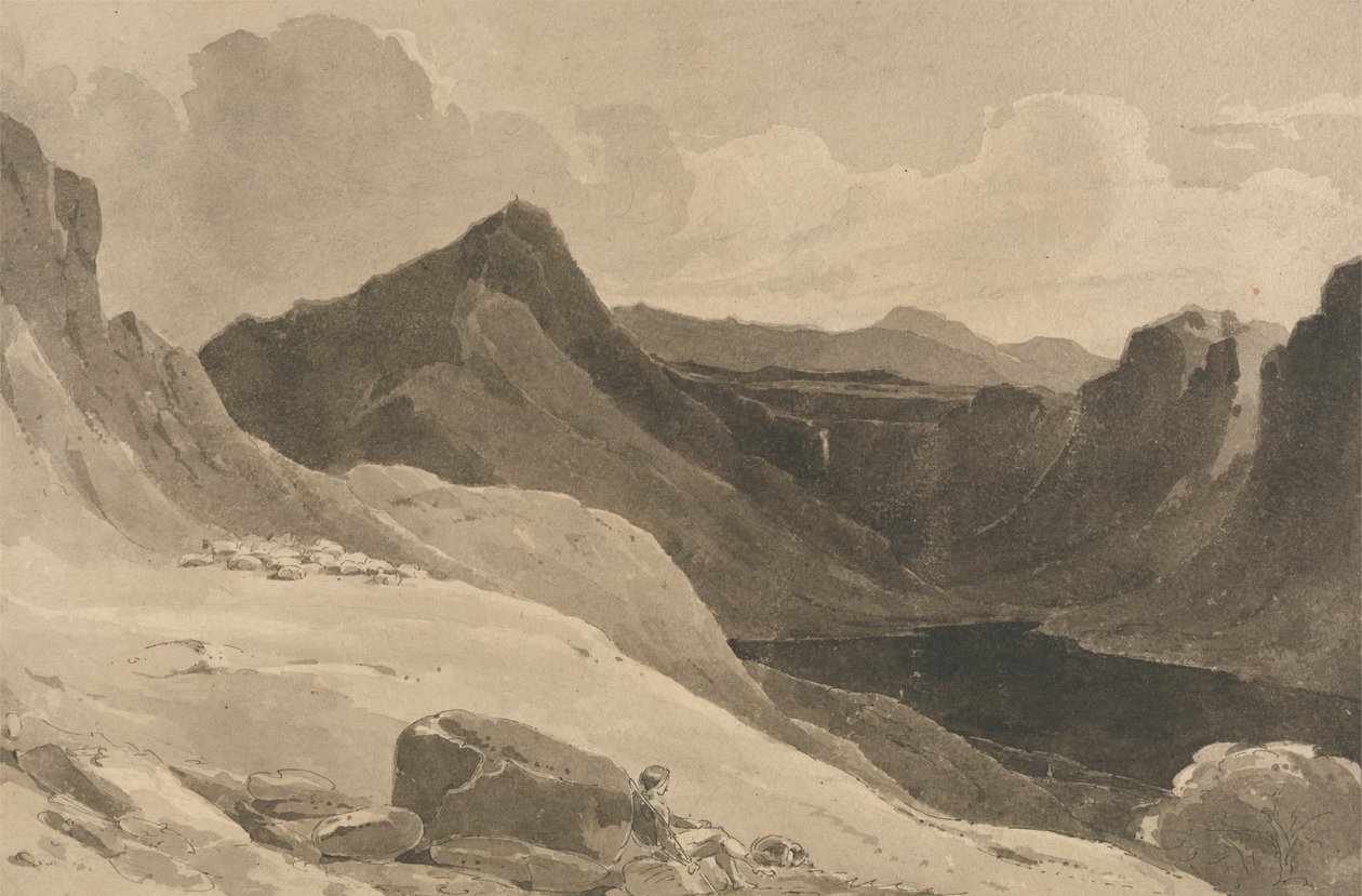 Ett bergslandskap med en herde av John Renton