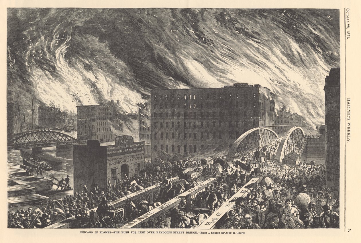 Chicago i lågor - rushen för livet över Randolph Street Bridge, illustration från Harpers Weekly, 1871 av John Reuben after Chapin