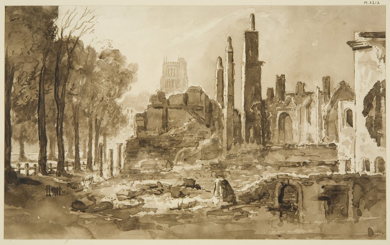 Ruinerna av Mansion House och Custom House (ritning, akvarell) av John Reverend Eden