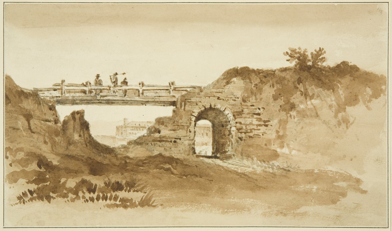 Tillfällig bro på Coronation Road mittemot New Gaol, ca 1821 (penna- och sepiatvätt på papper) av John Reverend Eden