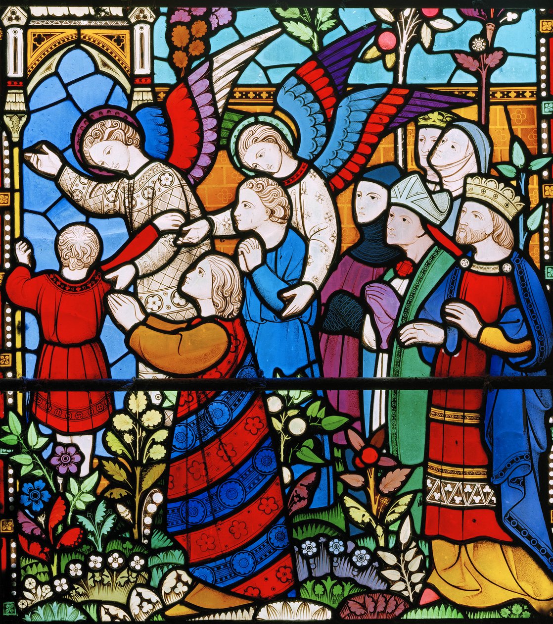 The Saved, detalj från The Last Judgement, 1860 (målat glas) av John Richard Clayton