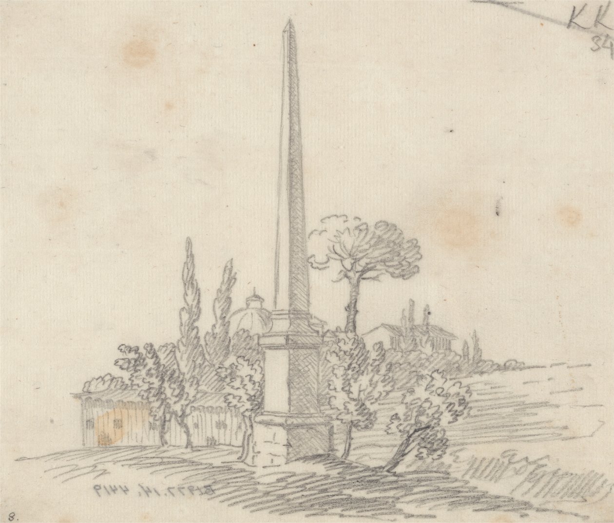 En Obelisk med tak och träd i fjärran av John Robert Cozens