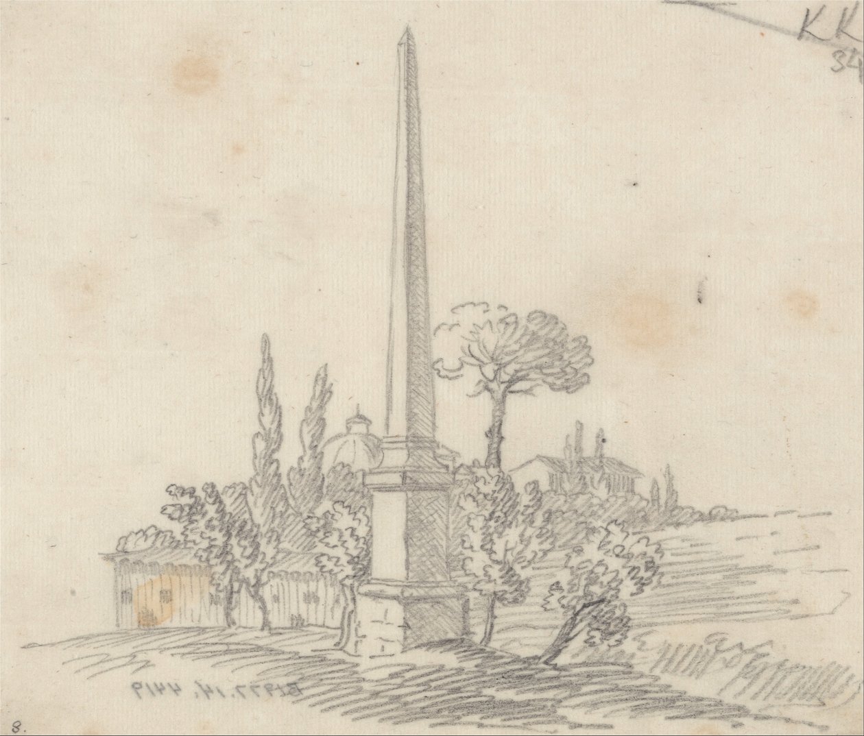 En obelisk med tak och träd i fjärran av John Robert Cozens