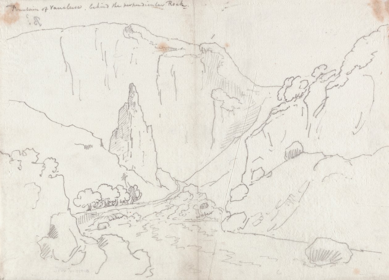 Fontän av Vaucluse, bakom den vinkelräta klippan av John Robert Cozens