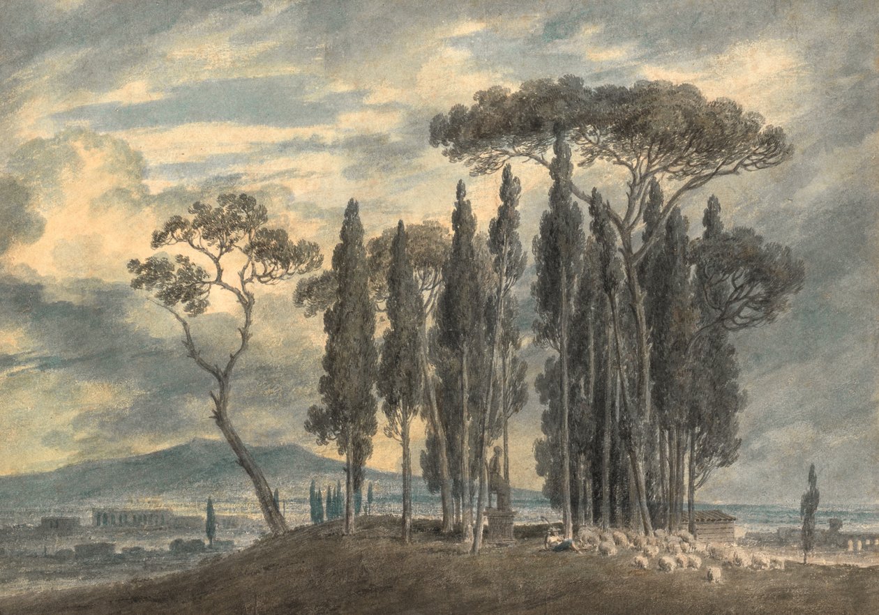 I trädgårdarna i Villa Negroni i Rom (penna och akvarell med utskrapa) av John Robert Cozens