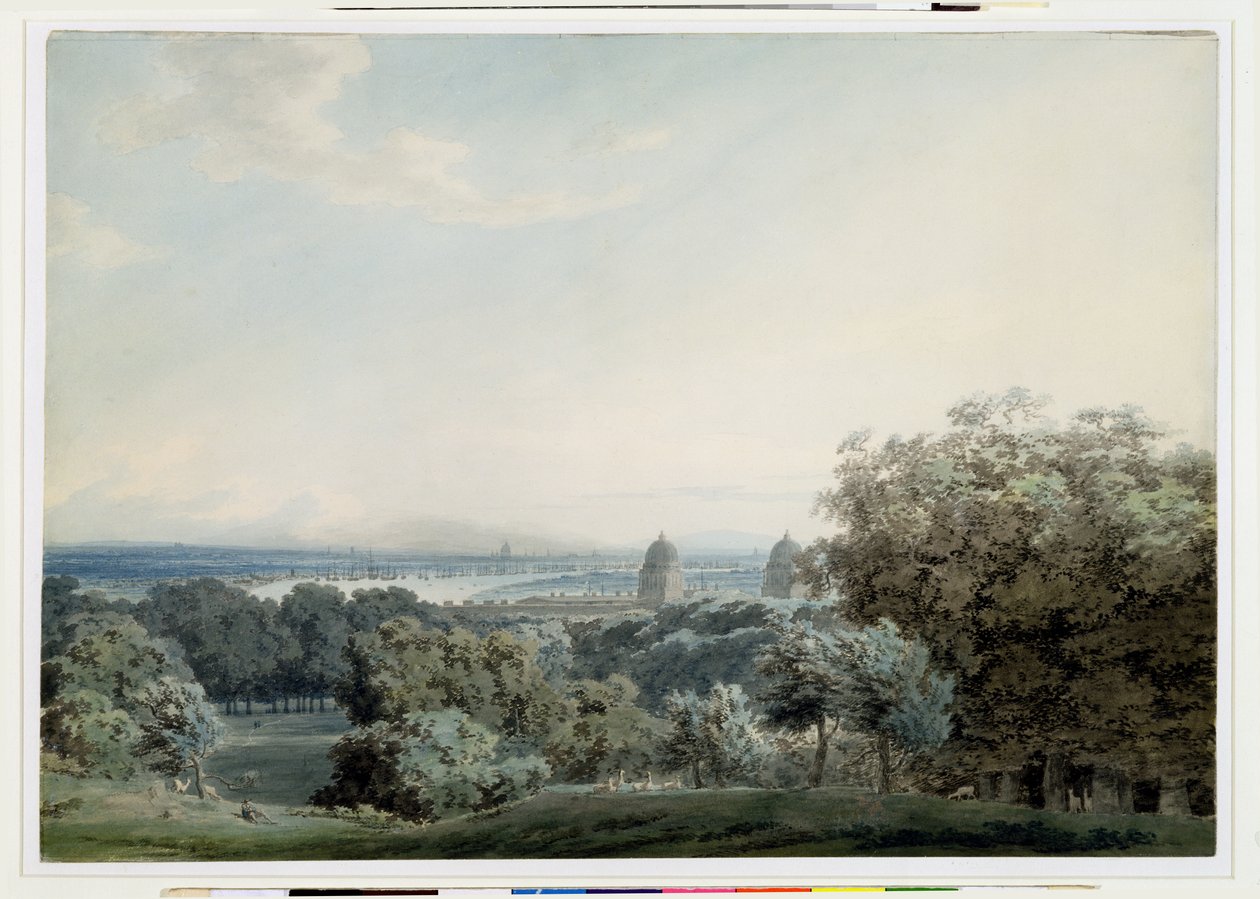 London från Greenwich Hill, ca 1791 (wc, svart bläck och tvätt över grafit på vävt papper) av John Robert Cozens