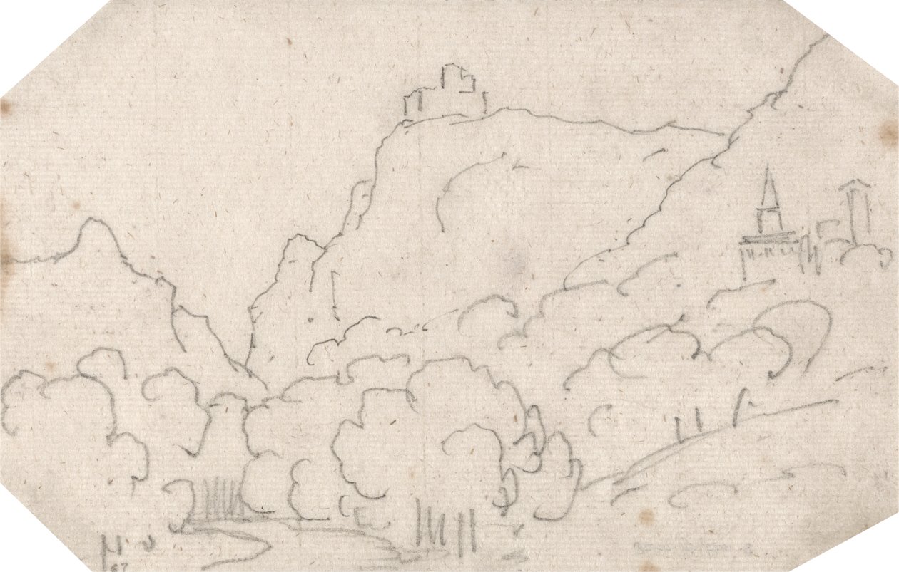 Bergsutsikt med byggnader av John Robert Cozens
