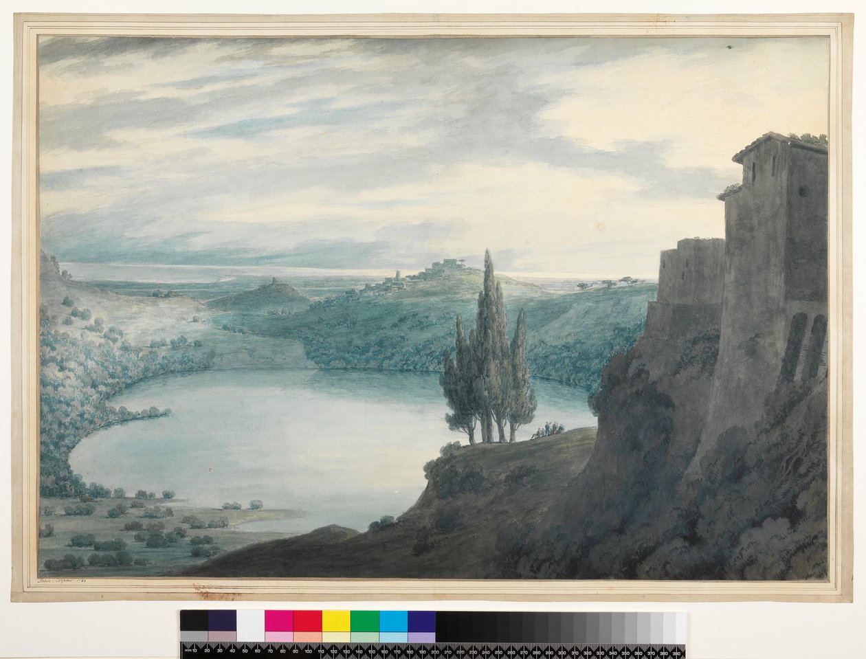No.3464 Lake Nemi, Campagna, Italien, 1788 (wc, bläck och penna) av John Robert Cozens