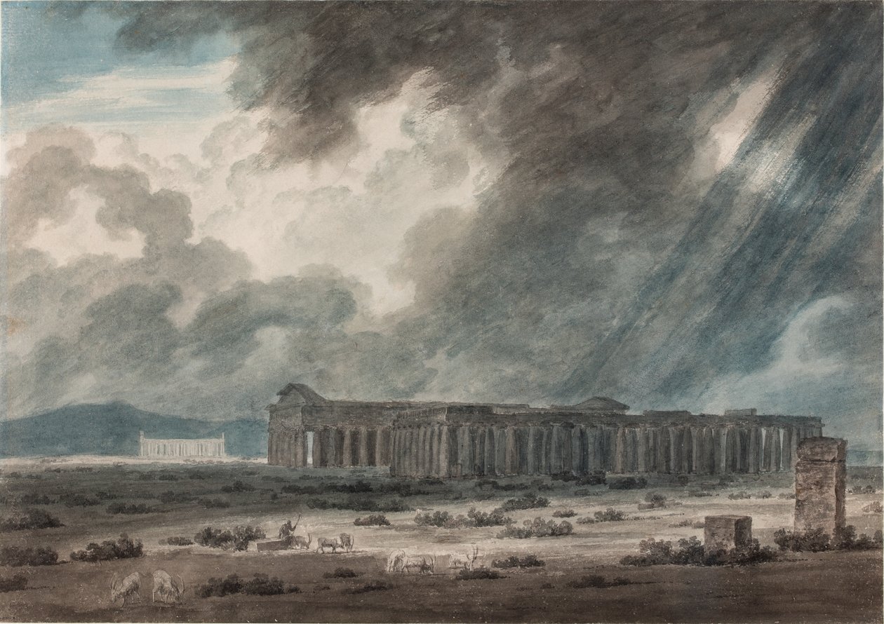 Ruinerna av Paestum nära Salerno: De tre templen, ca 1792 (akvarell, bläck och blyerts på papper) av John Robert Cozens