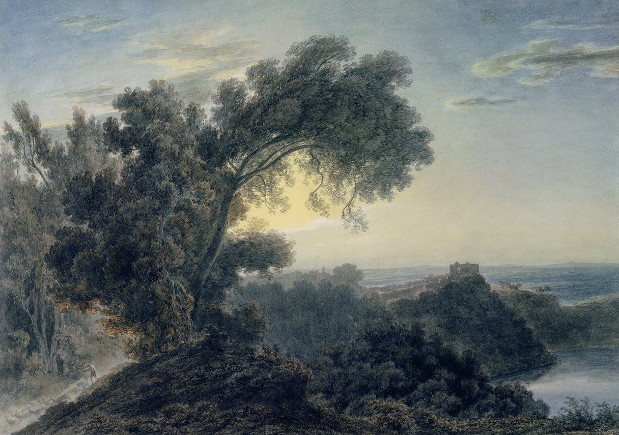 Albanosjön och slottet Gandolfo (akvarell över grafit på vävt papper) (se även 151685) av John Robert Cozens