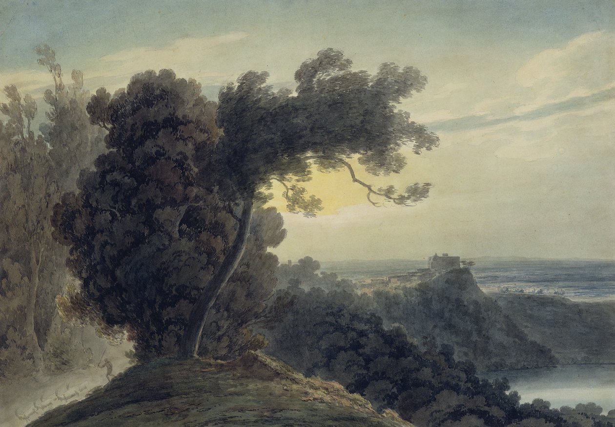 Albanosjön och slottet Gandolfo, ca 1783-85 (grafit och akvarell på vävt papper) (se även 252095) av John Robert Cozens