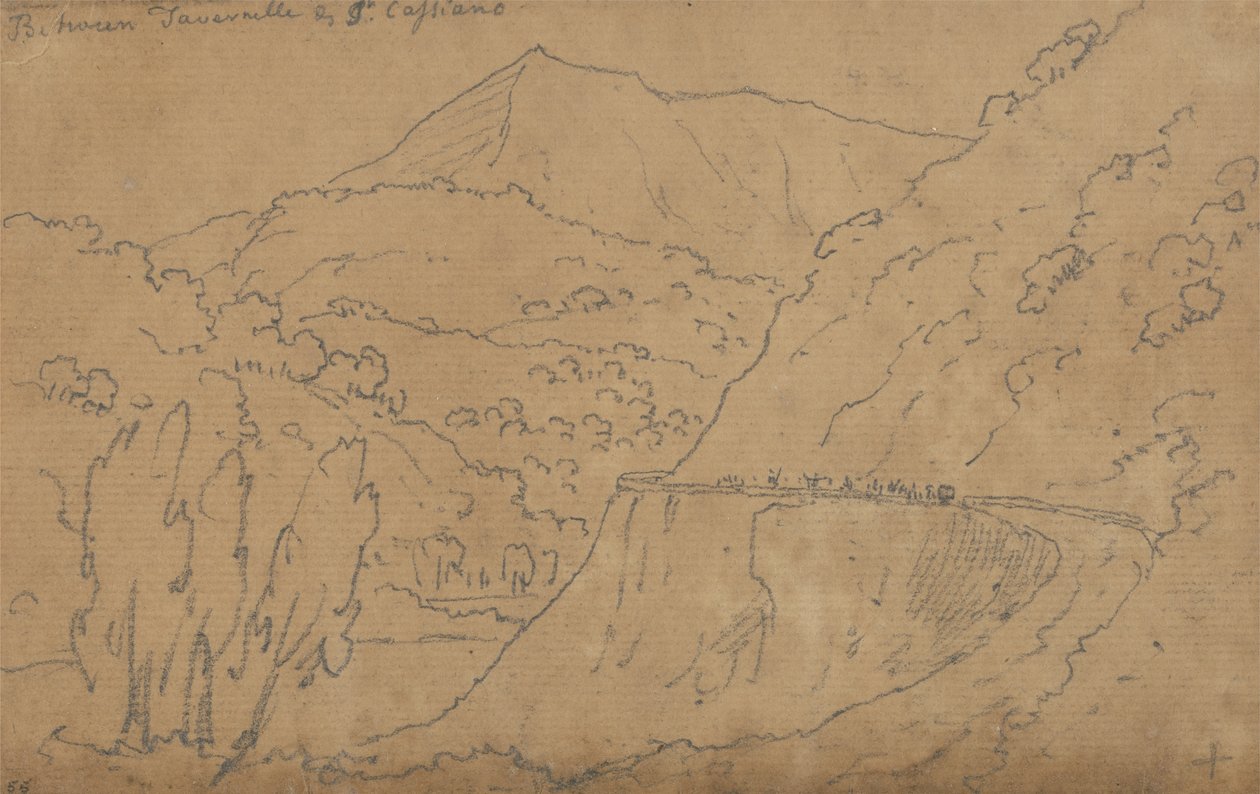 Överst: Mellan Tavernelle och Capriano; Nederst: Bolsenasjön (grafit på lagt papper) av John Robert Cozens