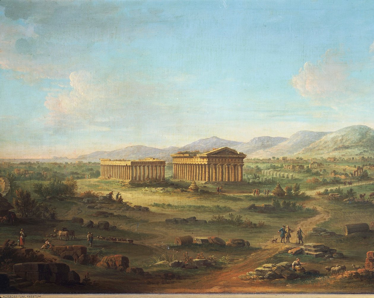 Två stora tempel i Paestum, Basilica till vänster och Temple of Neptun eller Poseidon till höger, av John Robert Cozens av John Robert Cozens