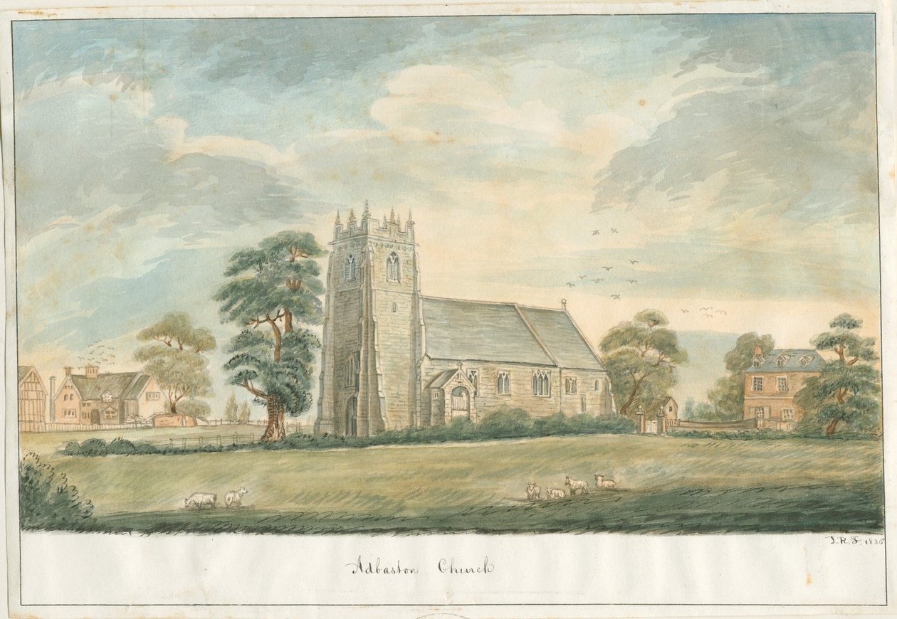 Adbaston Church: ritning med penna och tvätt, 1836 av John Robert Fernyhough