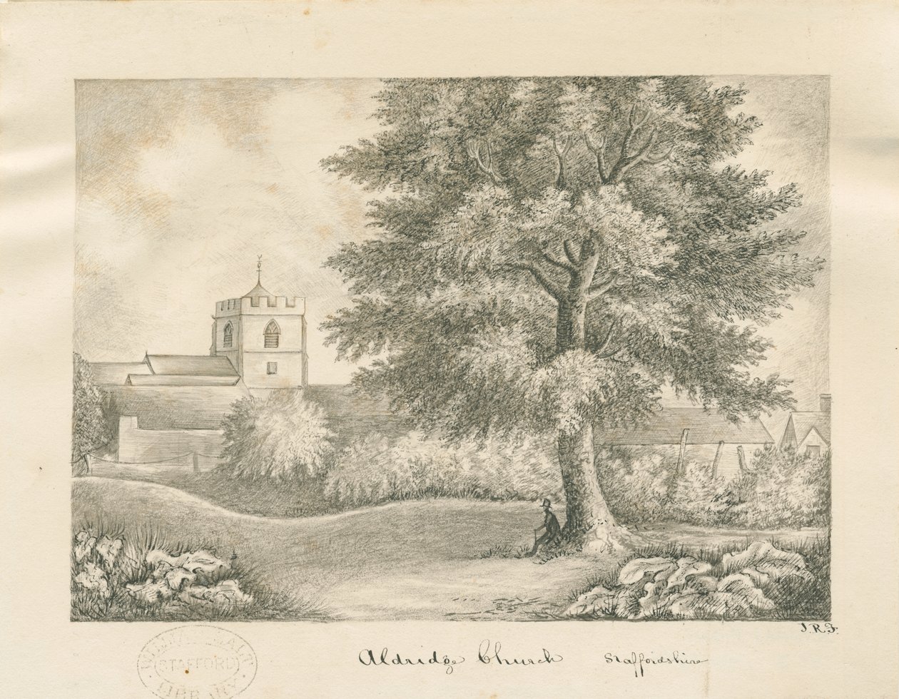 Aldridge Church: ritning med penna och tvätt, nd [1800-talet] av John Robert Fernyhough