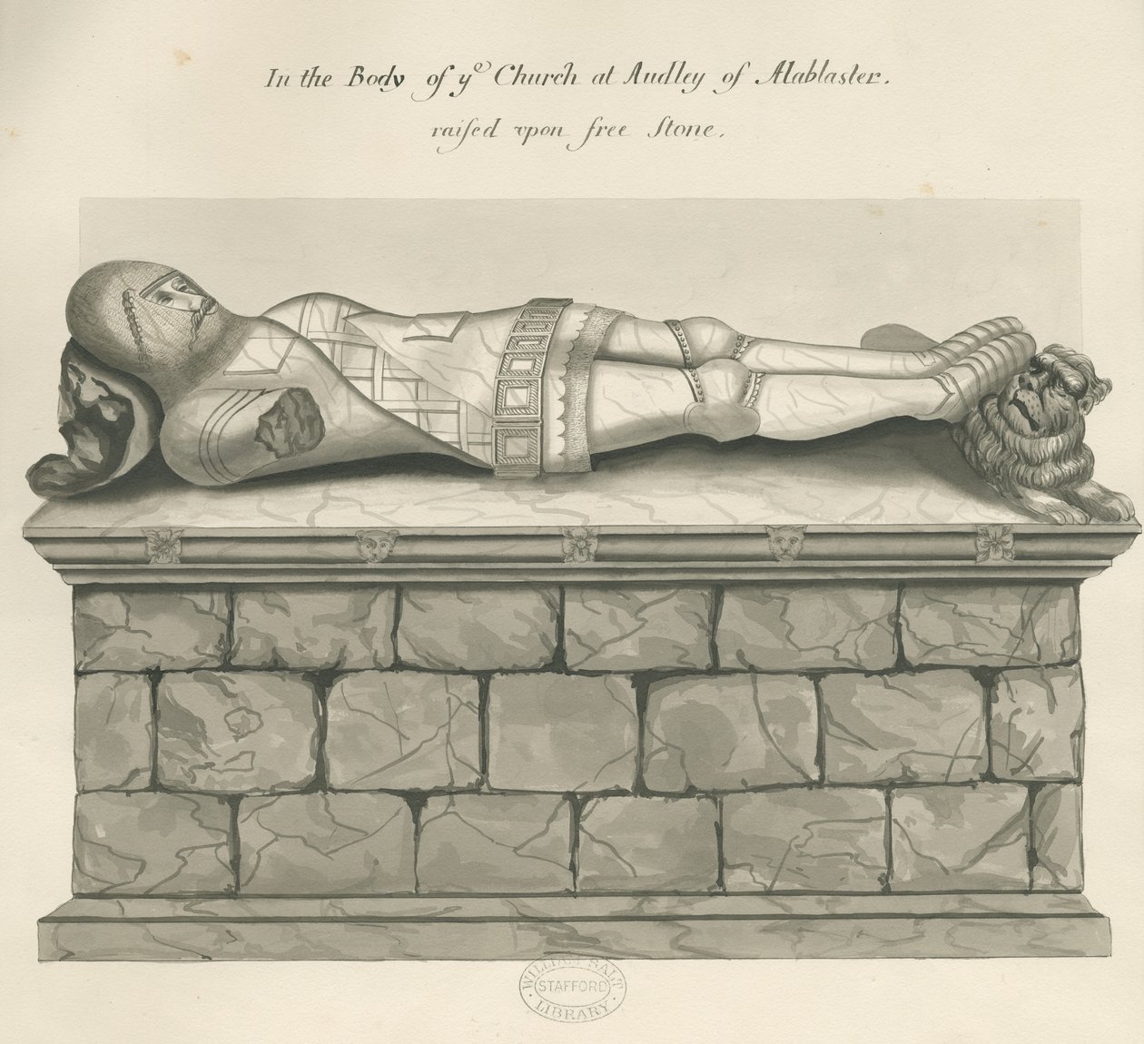 Audley Monuments - "Audley Knight": ritning med penna och tvätt, nd [? 1800-talet] av John Robert Fernyhough