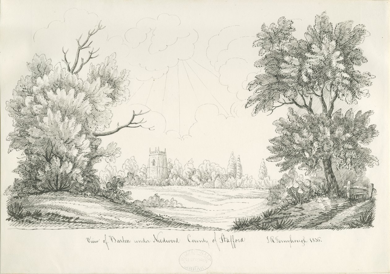 Barton under Needwood Village: pen and ink drawing, 1836 av John Robert Fernyhough