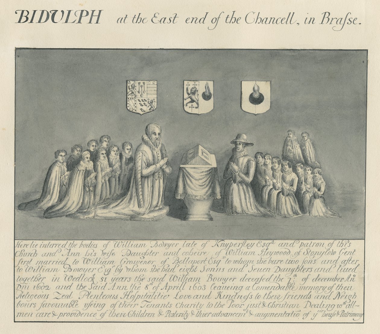 Mässingsplatta i Biddulph Church - William Bowyer från Knipersley: ritning med penna och tvätt, nd [? 1800-talet] (ritning) av John Robert Fernyhough
