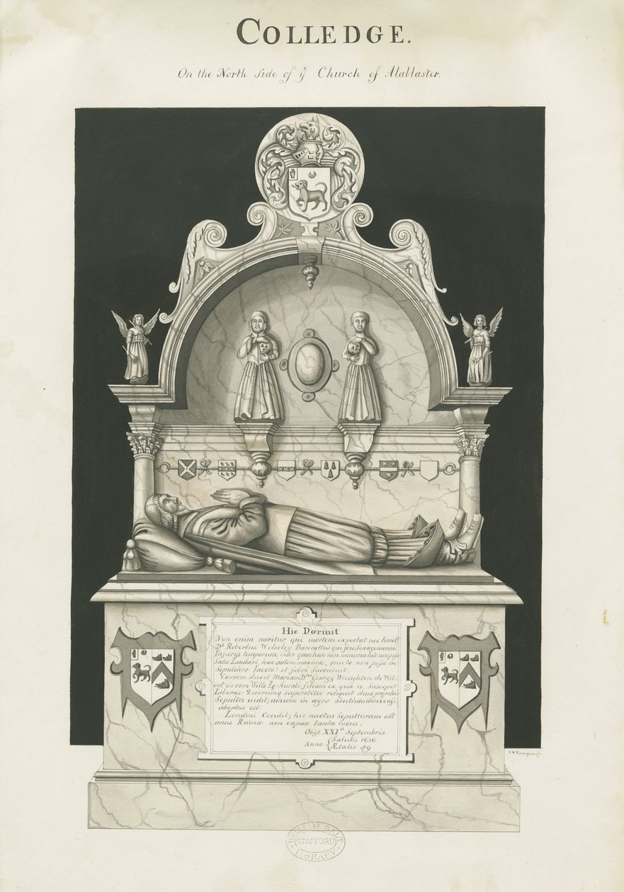 Colwich - Tomb of Robert Wolseley: sepiateckning, nd [c 1837] av John Robert Fernyhough