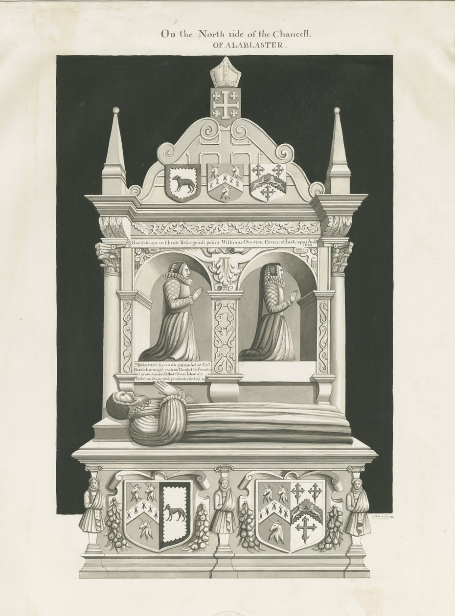 Eccleshall Church - Biskop William Overtons grav: sepiateckning, nd [1800-talet] (teckning) av John Robert Fernyhough