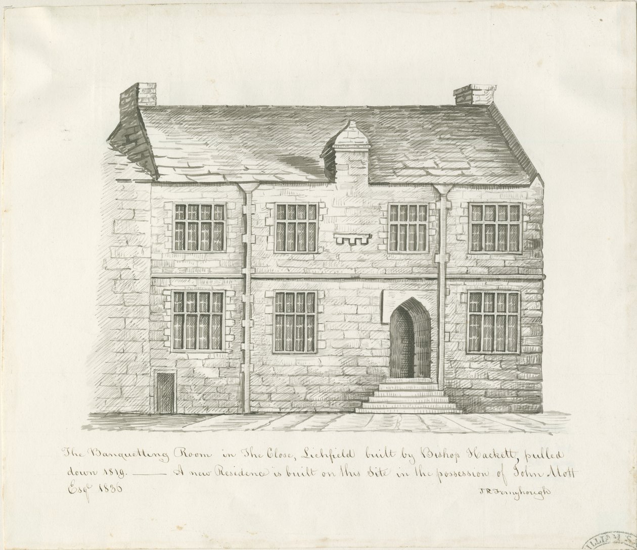 Lichfield - Bankettrum i The Close: sepiatvättteckning och [tidigt 1800-tal] (teckning) av John Robert Fernyhough