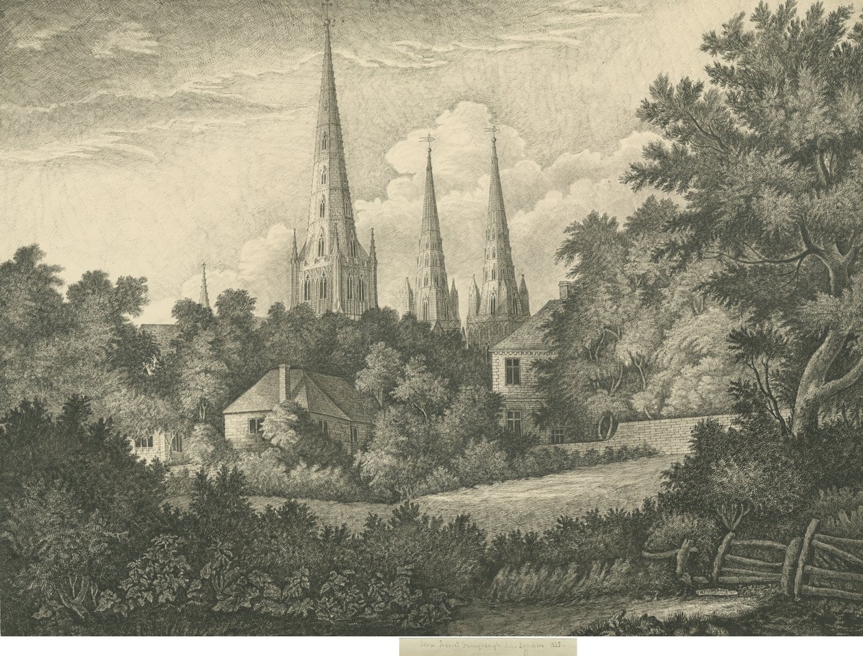 Lichfield Cathedral - North East View: penn- och bläckteckning, 1835 av John Robert Fernyhough