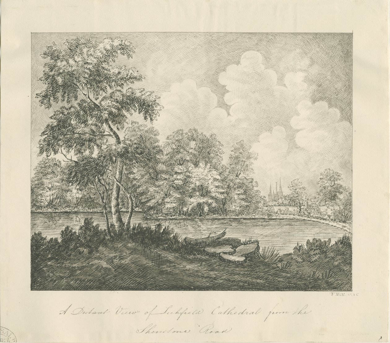 Lichfield Cathedral - West South West view (avlägsen): pennteckning av John Robert Fernyhough
