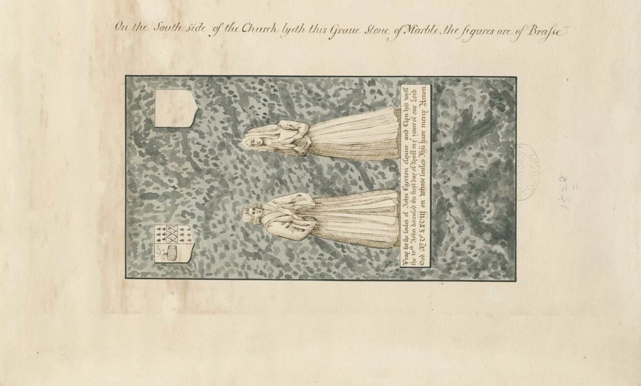 Madeley Church - John Egertons gravsten: ritning med penna och bläcktvätt, nd [1800-talet] av John Robert Fernyhough
