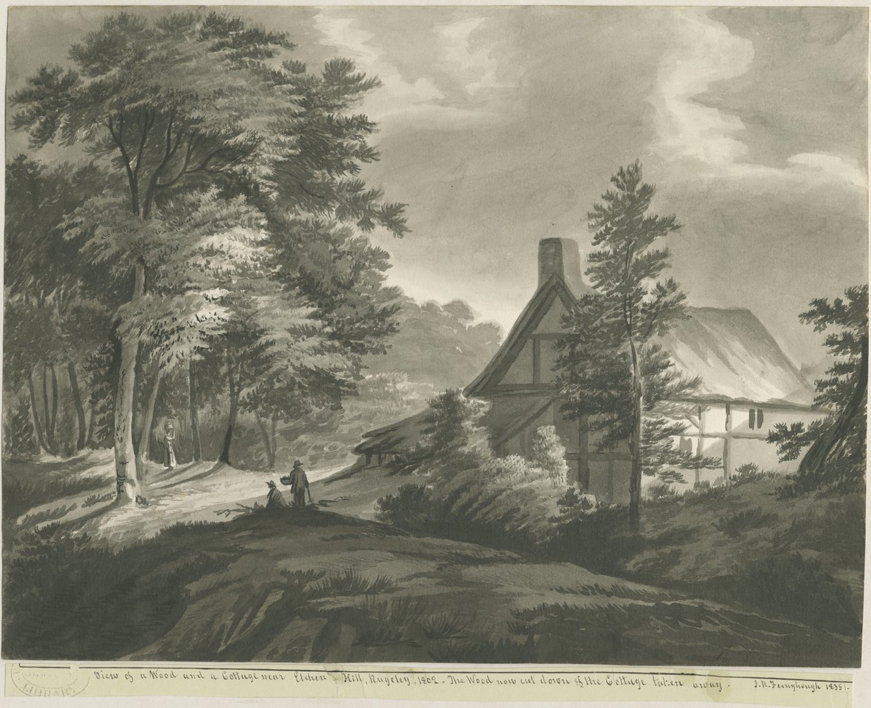 Rugeley - Stuga nära Etchinghill: mörk sepiatvättteckning, 1835 av John Robert Fernyhough