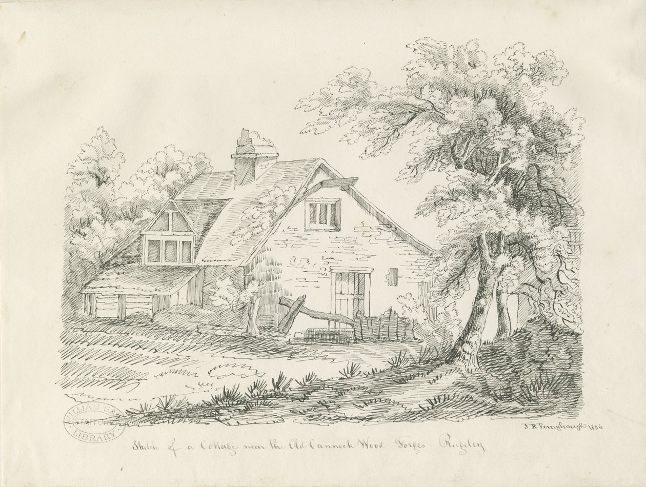 Rugeley - Stuga nära Old Cannock Wood Forges: ritning med penna och bläck av John Robert Fernyhough