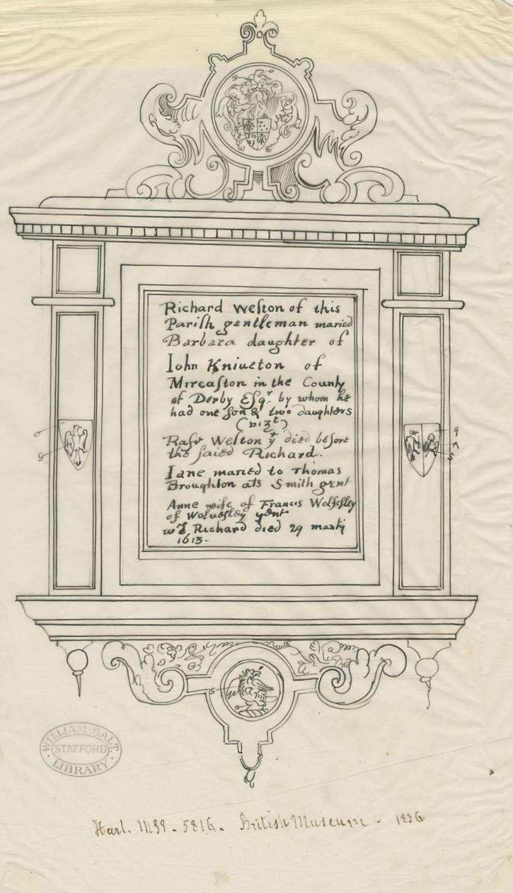 Rugeley Church (gammal) - Monument till Richard Weston: penn- och bläckspårning av John Robert Fernyhough