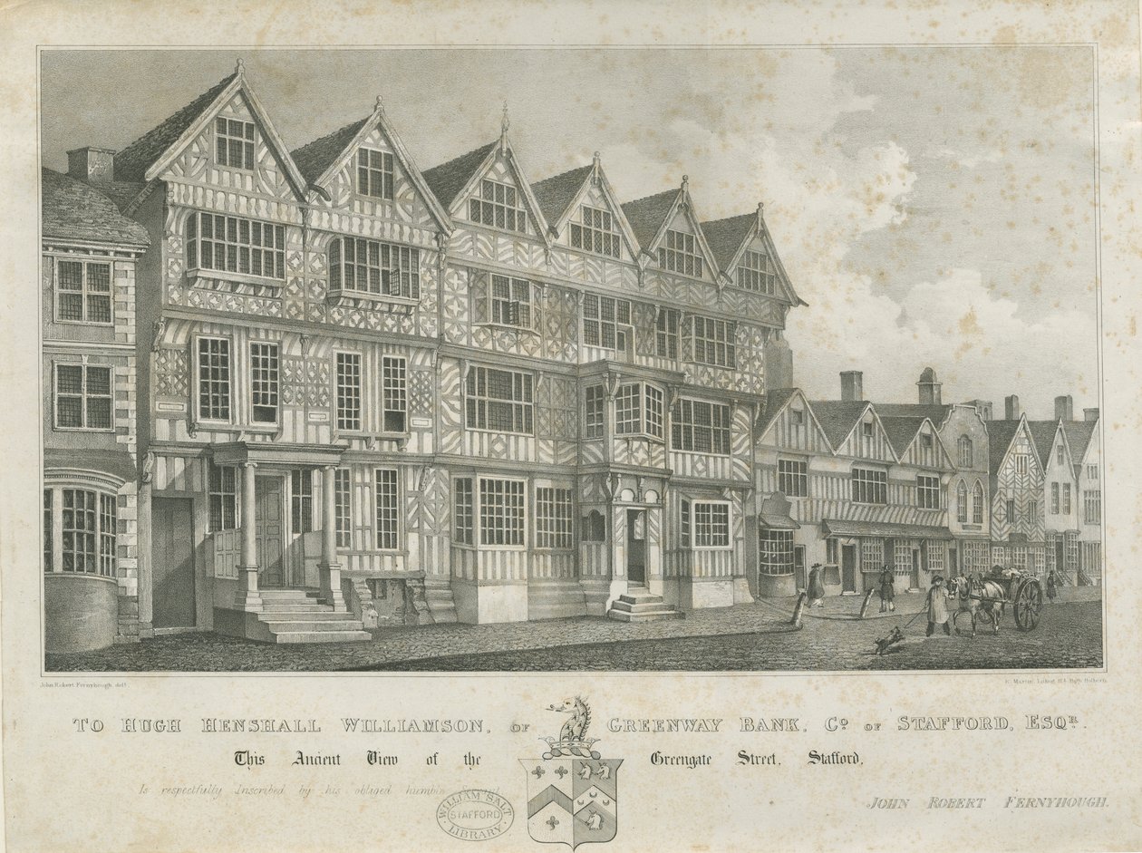 Stafford - Ancient "High House": litografi och [1800-talet] av John Robert Fernyhough