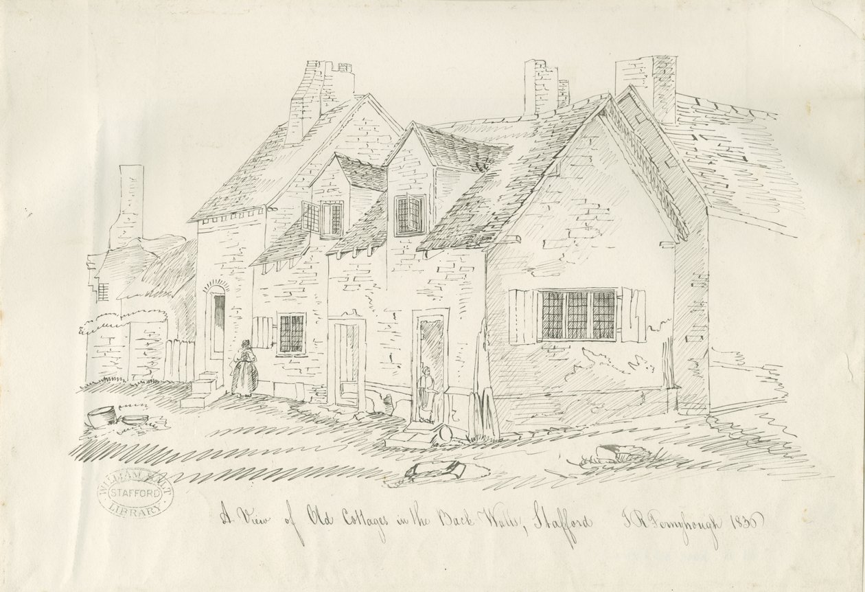 Stafford - Old Cottage in Back Walls: ritning med penna och bläck, 1836 av John Robert Fernyhough