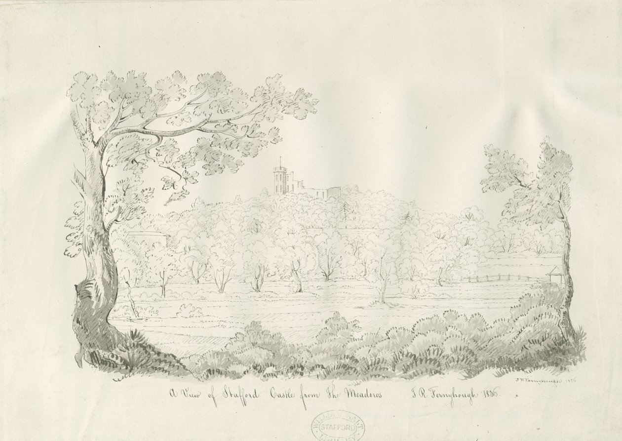 Stafford Castle - East View: penn- och sepiateckning av John Robert Fernyhough