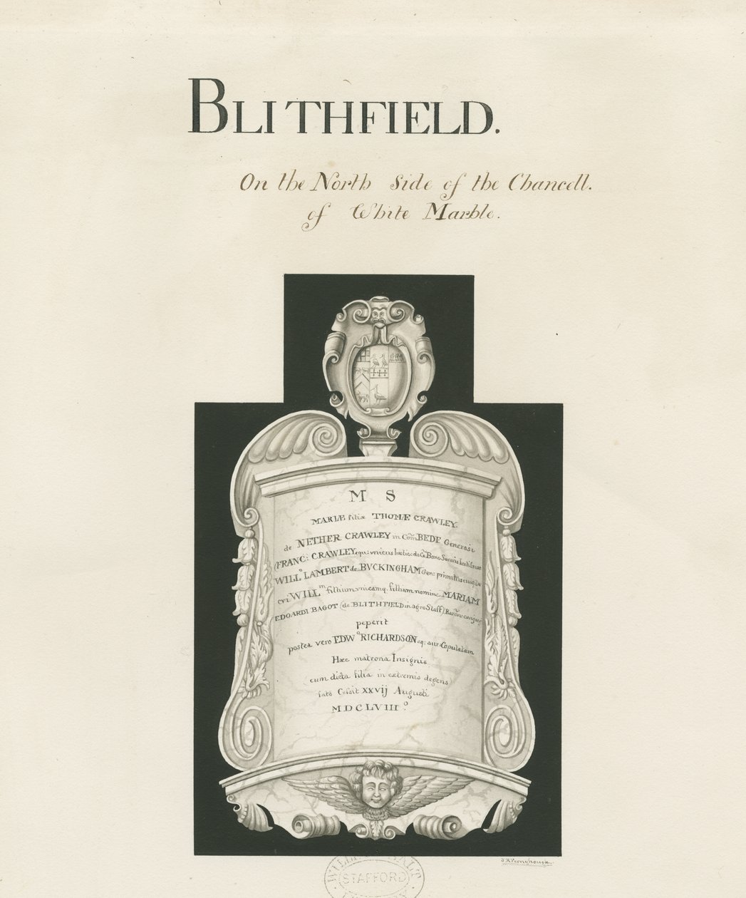Tablett i Blithfield Church - Mary Crawley: sepia tvätt, nd [?19th cent] (ritning) av John Robert Fernyhough