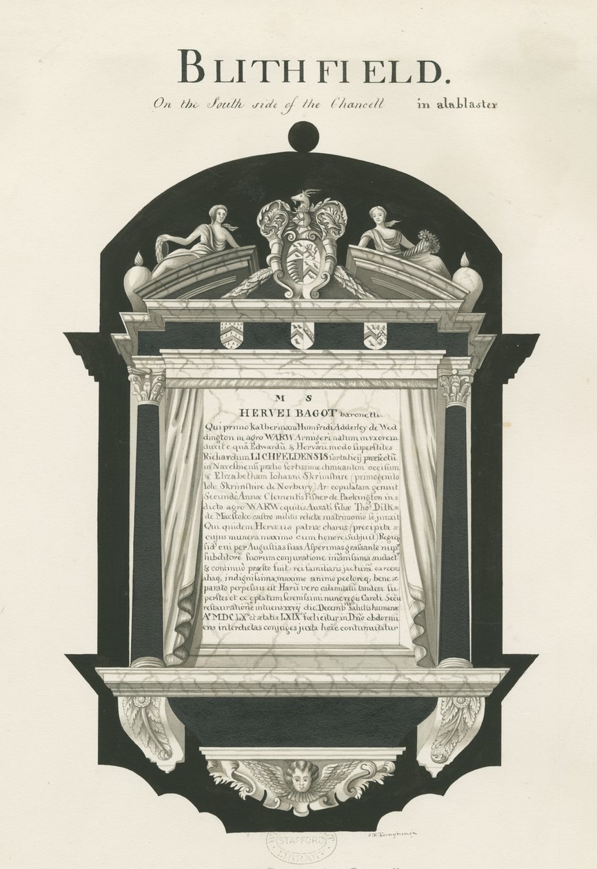 Tablet i Blithfield Church - Sir Hervey Bagot, Bart.: sepiateckning, nd [?1800-talet] (teckning) av John Robert Fernyhough